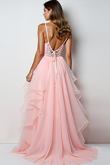 Blush Pink A Line Spaghetti Straps Long Prom Dress With Ruffles